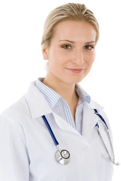Young female doctor with stethoscope on white — Stock Photo, Image