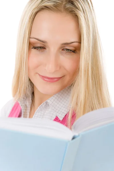 Glückliche Studentin mit Buch auf weiß — Stockfoto