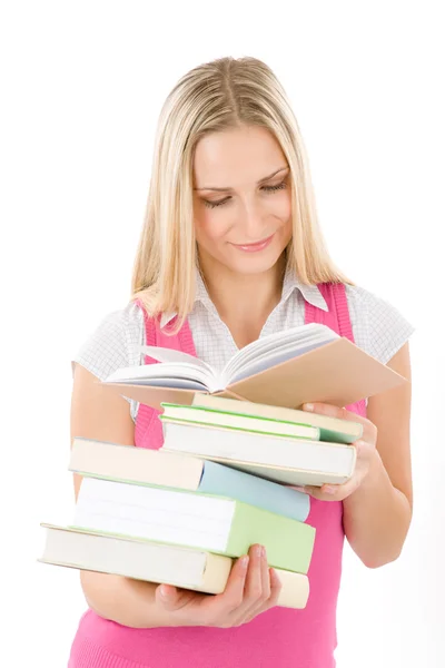 Estudiante feliz con libro sobre blanco — Foto de Stock