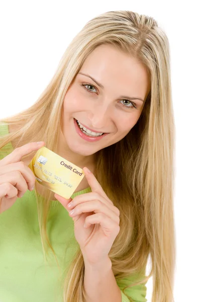 Home shopping - young woman holding credit card — Stok fotoğraf