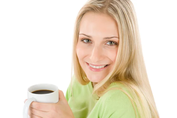 Glad blond kvinna med kaffe på vit bakgrund — Stockfoto