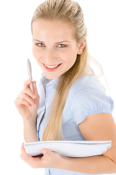 Student szczęśliwy kobiety pisać notatki na białym tle — Zdjęcie stockowe