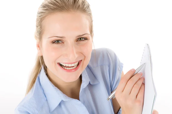 Happy student woman write notes — Stock Photo, Image