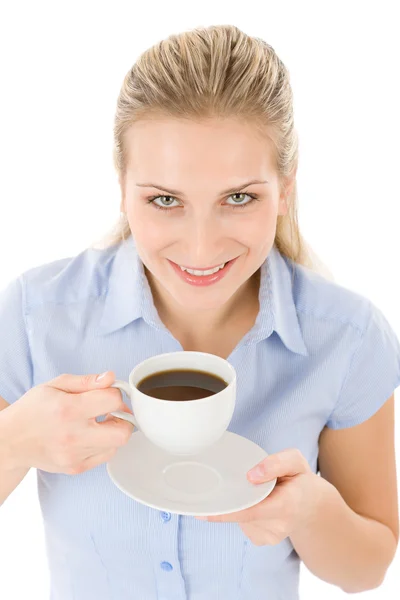 Cheerful young woman with coffee — Stock Photo, Image