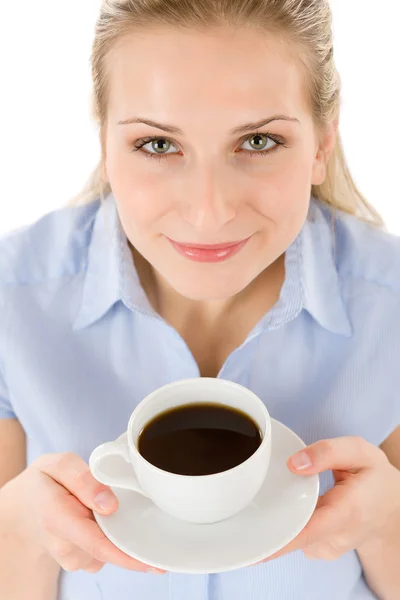 Vidám fiatal nő, kávé — Stock Fotó