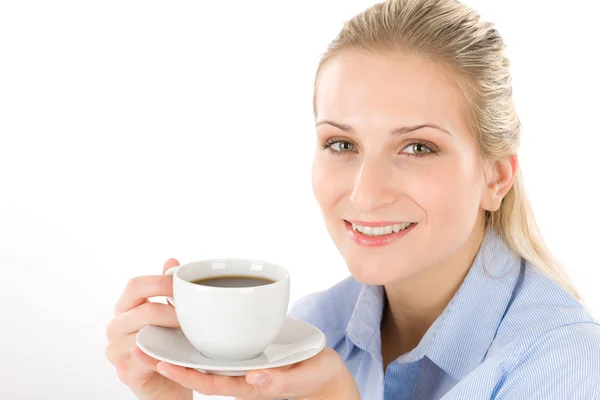 Giovane donna allegra con caffè — Foto Stock