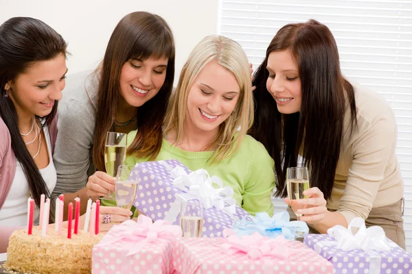 Birthday party - happy woman getting present — Stock Photo, Image