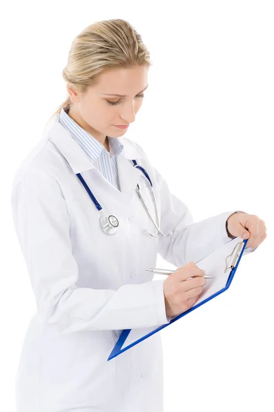 Young female doctor with stethoscope on white Royalty Free Stock Images