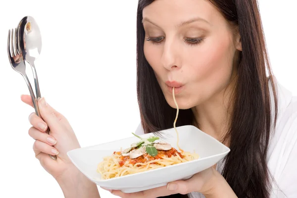 Comida italiana - mujer retrato comer salsa de espaguetis —  Fotos de Stock