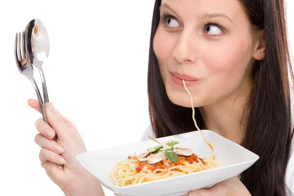 Olasz élelmiszer - portré nő enni spagetti szósz — Stock Fotó