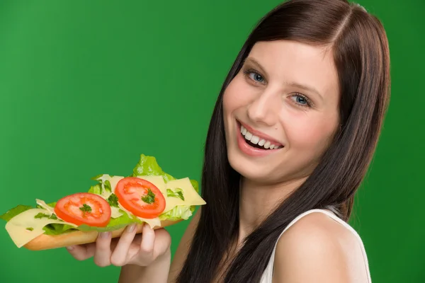 Egészséges életmód - nő élvezni sajtos szendvics — Stock Fotó