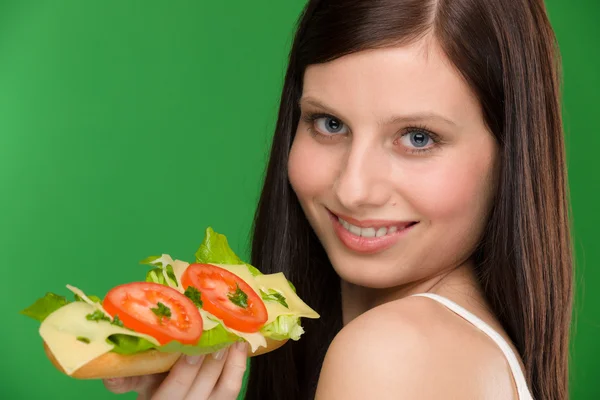 Healthy lifestyle - woman enjoy cheese sandwich — Stock Photo, Image