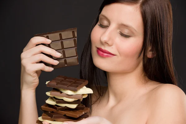 Chocolate - portrait healthy woman enjoy sweets — Stock Photo, Image