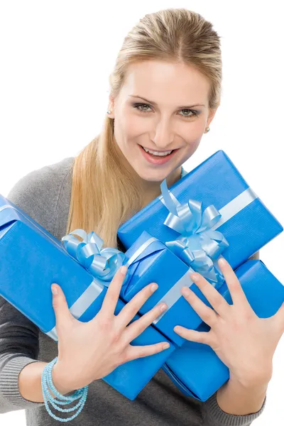 Současné ženy oslavu drží dárek radost — Stock fotografie
