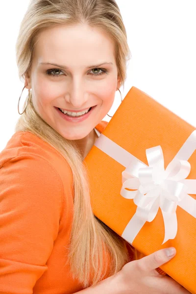 Present woman celebration hold happy — Stock Photo, Image
