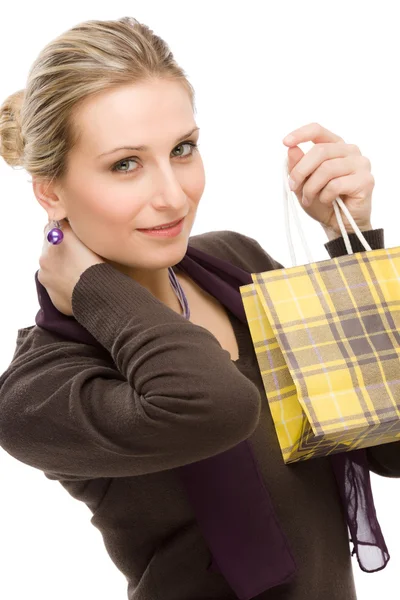 Εμπορική γυναίκα ευτυχισμένη τσάντα μόδας — Φωτογραφία Αρχείου
