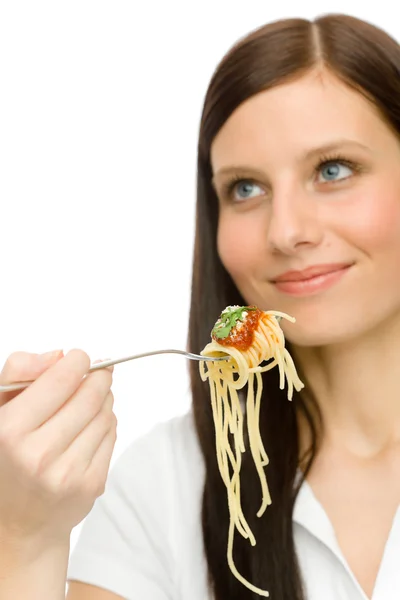 Italienisches Essen - gesunde Frau isst Spaghetti-Sauce Stockbild