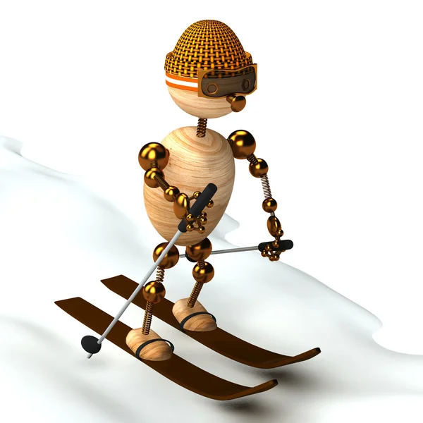 Wood man skiing down a slope — Stock Photo, Image