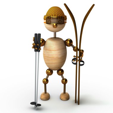 Wood man skiing 3d rendered clipart