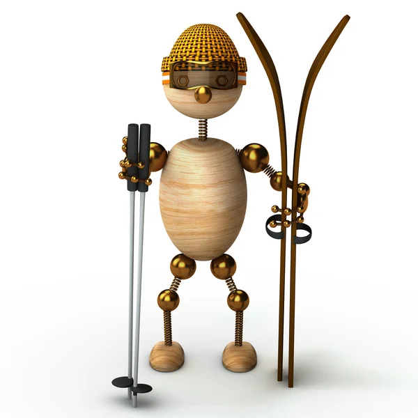 Wood man skiing 3d rendered — Stock Photo, Image