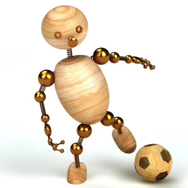 Holz Mann mit einem Fußball 3D gerendert — Stockfoto