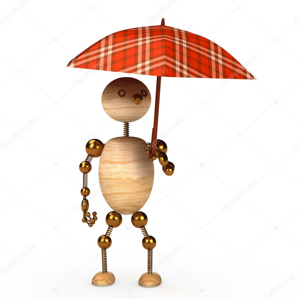 Wood man under umbrella 3d rendered for web