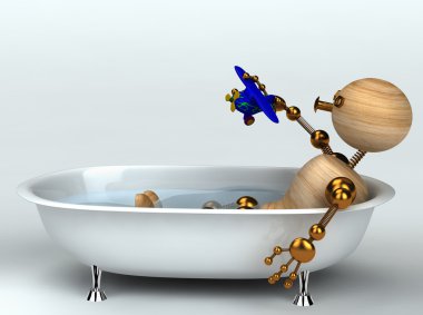 Wood man with old bath 3d rendered clipart