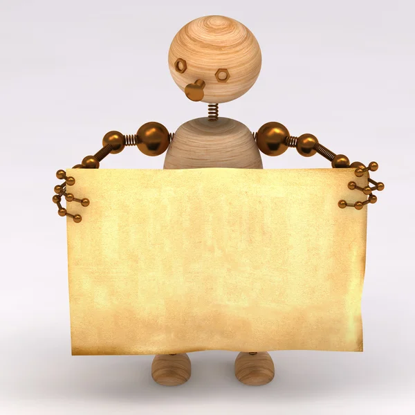 Wood man holding a blank board — Stockfoto