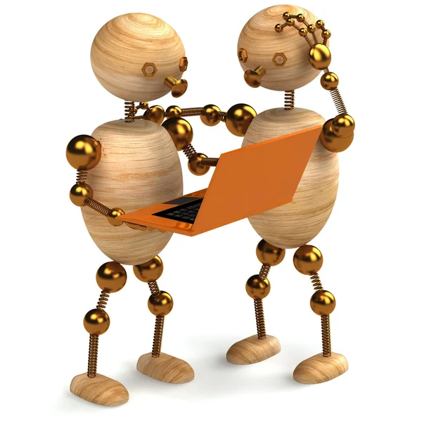 Wood man with orange laptop — Stock Photo, Image