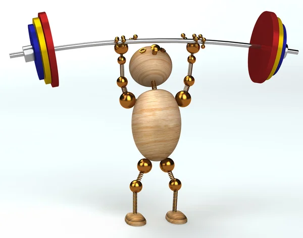 Wood man lifting heavy barbell — Stockfoto