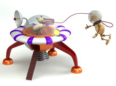 Wood man and dog within spaceship 3d rendered clipart