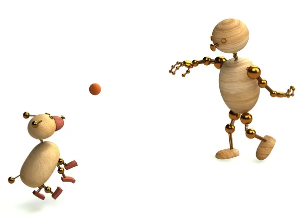 Деревянный человек играет с собачьим мячом — стоковое фото