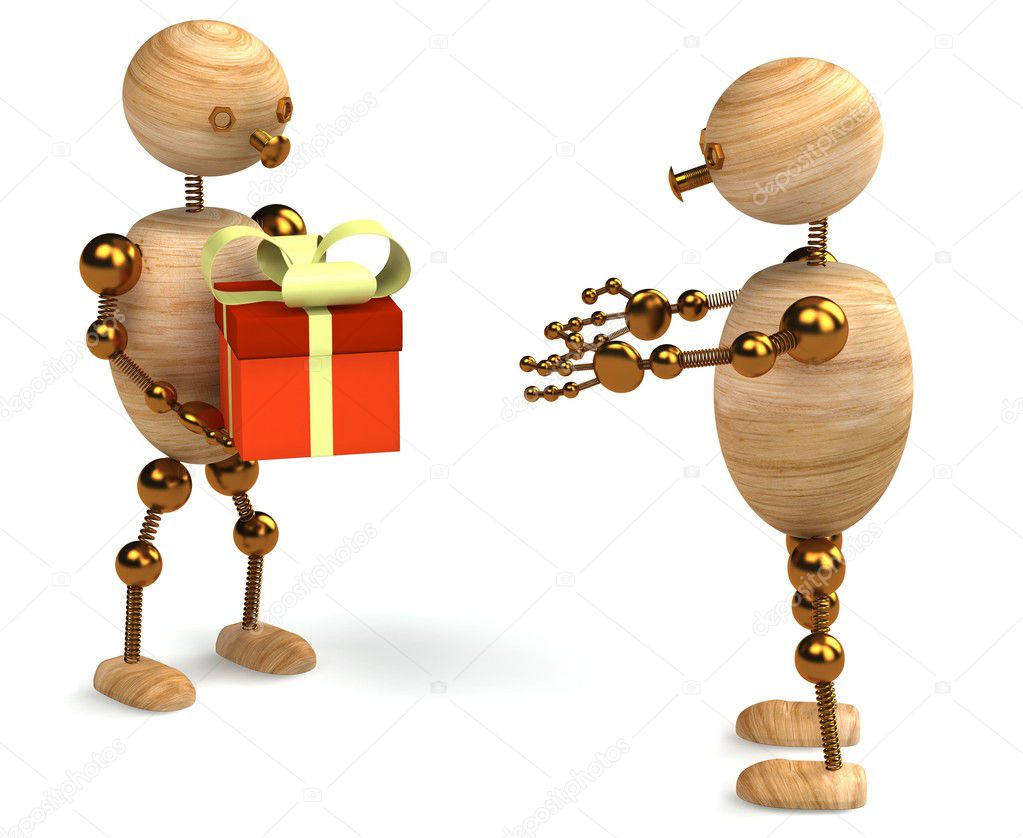 Wood man with gift box 3d rendered