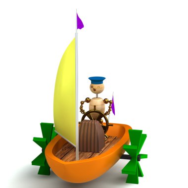3d wood man on toy boat isolated on white clipart
