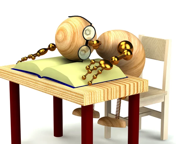3d wood man sleeping on the book isolated on white — Stock Photo, Image