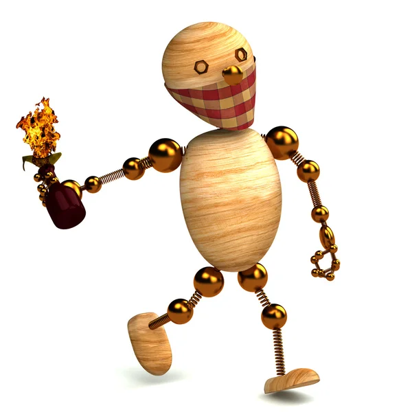 3d wood man with a molotov cocktail isolated — Stock Photo, Image