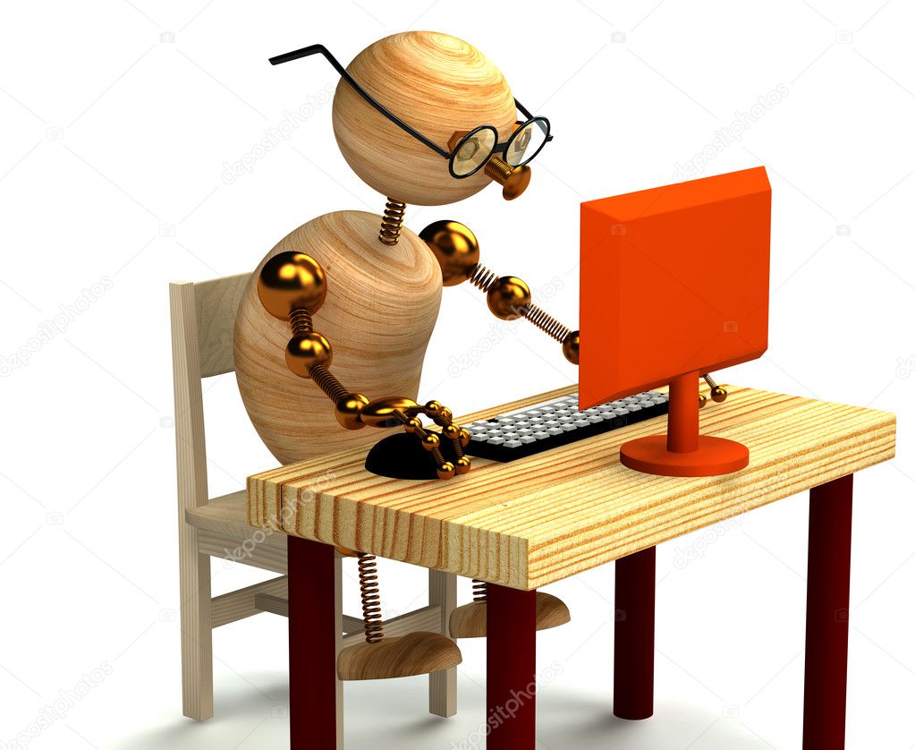 3d wood man working at computer isolated