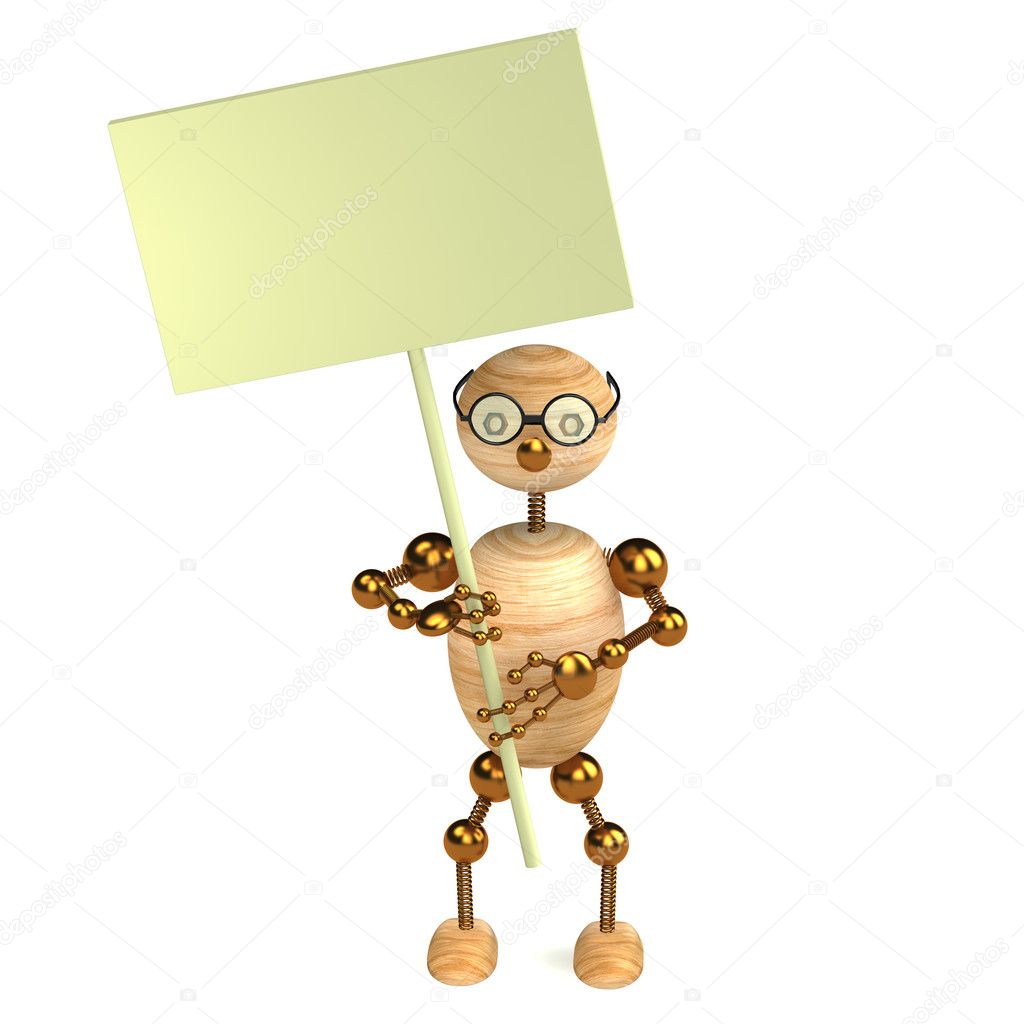 3d wood man with a blank board