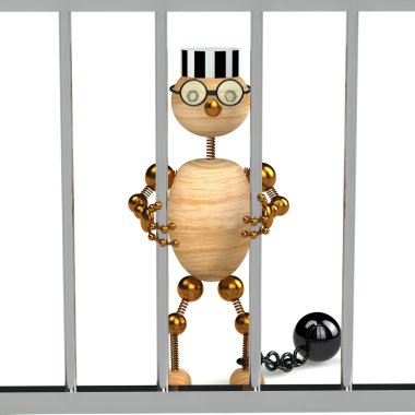 3d wood man as a prisoner isolated on white clipart