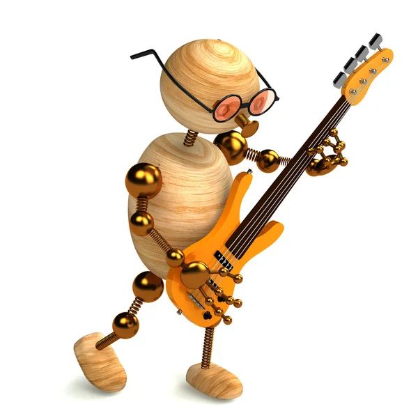 Wood Man Bass Guitar Player Isolated White — Stock Photo, Image