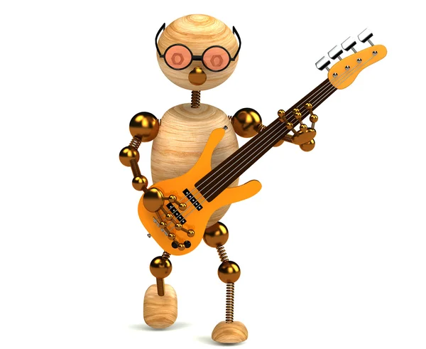 Wood Man Bass Guitar Player Isolated White — Stock Photo, Image