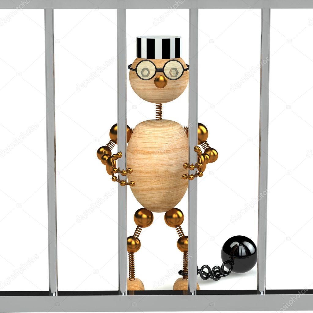 3d wood man as a prisoner isolated on white