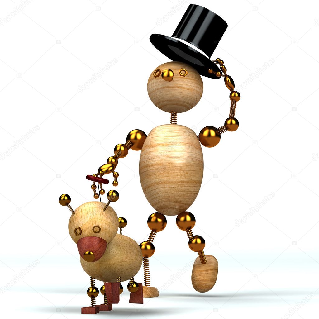 Wood man and dog 3d rendered