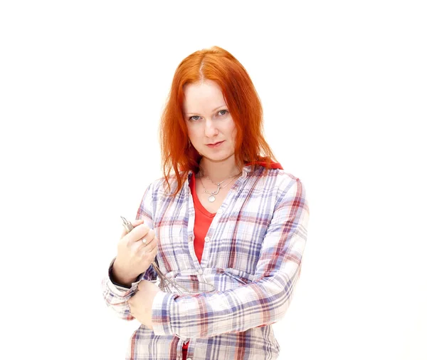 Redhead Young Woman Cooks Dinner Isolated White — Stock Photo, Image
