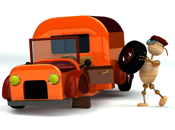 Trä Man Ändra Orange Lastbil Däck Isolerad Vit — Stockfoto
