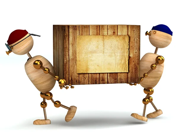 Two 3d wood man carring big wooden box — Stock Photo, Image