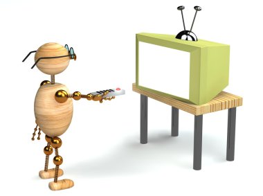 3d wood man is watching tv clipart