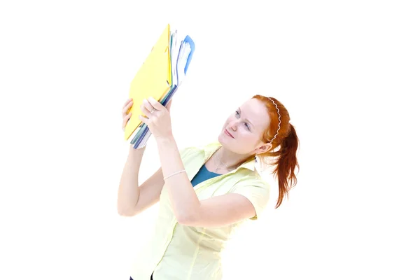 Redhead young woman student holding a notebooks — Stock Photo, Image