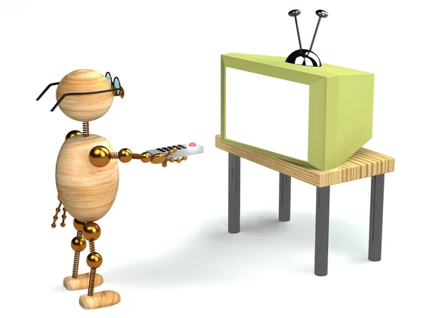 3d wood man is watching tv — Stock Photo, Image
