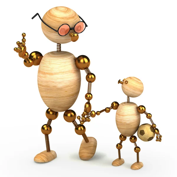 3d wood man holding a chlid — Stock Photo, Image